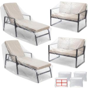 Windyun 4 Pack Clear Plastic Chaise Lounge Cover for Patio Furniture Outdoor Waterproof Couch Chair Covers, Clear Plastic Loveseat Bench Slipcovers Dustproof for Sofa Moving Storage Protector