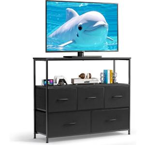 TV Stand, 5 Fabric Drawers Dresser Entertainment Center for TV up to 45 inch Wooden Media Console Table Storage Organizer with Open Shelf, for Living Room, Bedroom, or Small Space, Black