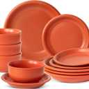 Timeworn Clay Dinnerware Set, 12 Pieces Stoneware Sets for 4, Hand-Finished Glaze Farmhouse Plates and Bowls, Microwave and Dishwasher Safe, Terracotta Red
