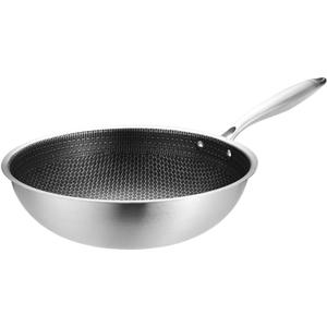 Stir Fry Wok Household Stainless Steel Wok with Handle Cooking Wok Suitable for Induction Cooktop, Gas Stove, Dishwasher and Oven Safe Work Pot