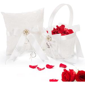 2 Pack Flower Girl Basket and Ring Bear Pillow Set, Cute Lace Pearl Flower Baskets with Ring Cushion, Cherish Ivory Rhinestones Satin Wedding Fairy Decor Party Ceremony