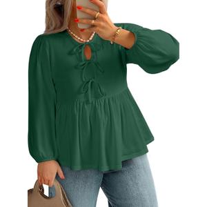 AlvaQ Womens Plus Size Tops Fall Fashion Bow Tie Front Puff Sleeve Crewneck Babydoll Peplum Blouses Shirt 1X (Green)