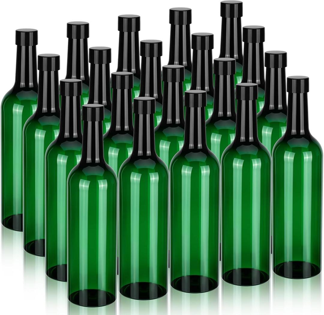 20 Pack 750 ml Green Empty Wine Bottles with Caps Bulk Plastic Champagne Wine Bottle Bordeaux-style Long Neck Liquor Coquito Bottles with Screw and Seals for Drinking