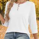 3/4 Length Sleeve Womens Tops Crew Neck Buttons Henley Shirts Tunic T Shirts Loose Fit Work Blouses 2025 Fall Trendy (White, M)