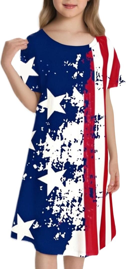 RONGTAI Girls 4th of July Dress American Flag Patriotic Stars Striped Summer Casual Short Sleeve Dresses for 4-12 Years Kids, Stars and Flag (10-12 Years)