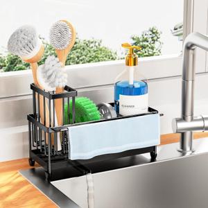 Cisily Sponge Holder for Kitchen Sink, Sink Caddy Organizer with High Brush Holder, Kitchen Countertop Organizers and Storage Essentials, Rustproof 304 Stainless Steel (Black with Towel Rack, 9.25)