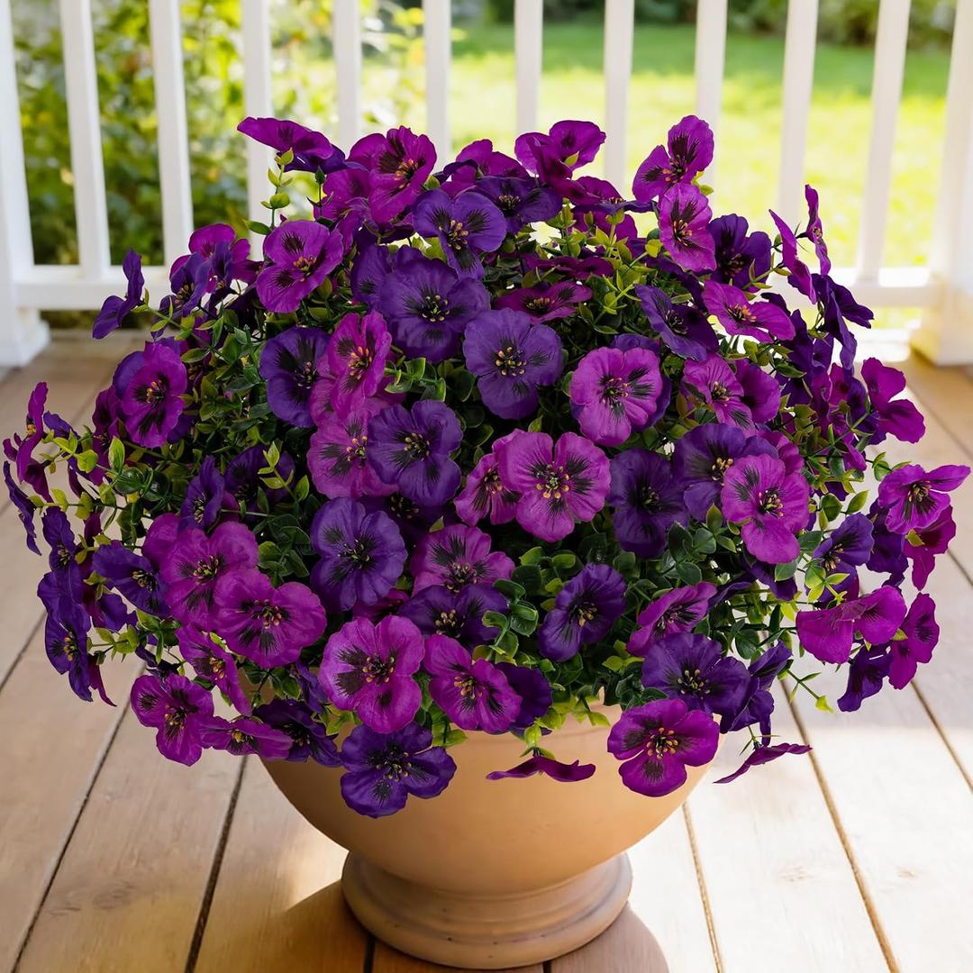 12 Piece Outdoor Artificial Flowers Fake Pansies -Two-Tone Faux Flowers per Stem, UV Resistant for Indoor Outdoor Porch Garden Planters Patio Window Box Home Decor(Purplish Red)