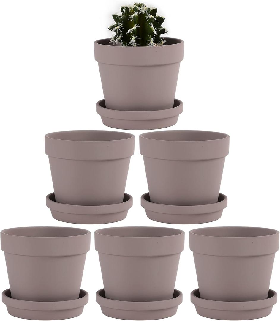 Yishang Terra Cotta Pots with Saucer/Ceramic Tray,6-Pack Large Terracotta Pots Clay Pots 4.6'' Clay Ceramic Pottery Planter Cactus Flower Pots Succulent Pot Drainage Hole- for Plants,Crafts (Gray)