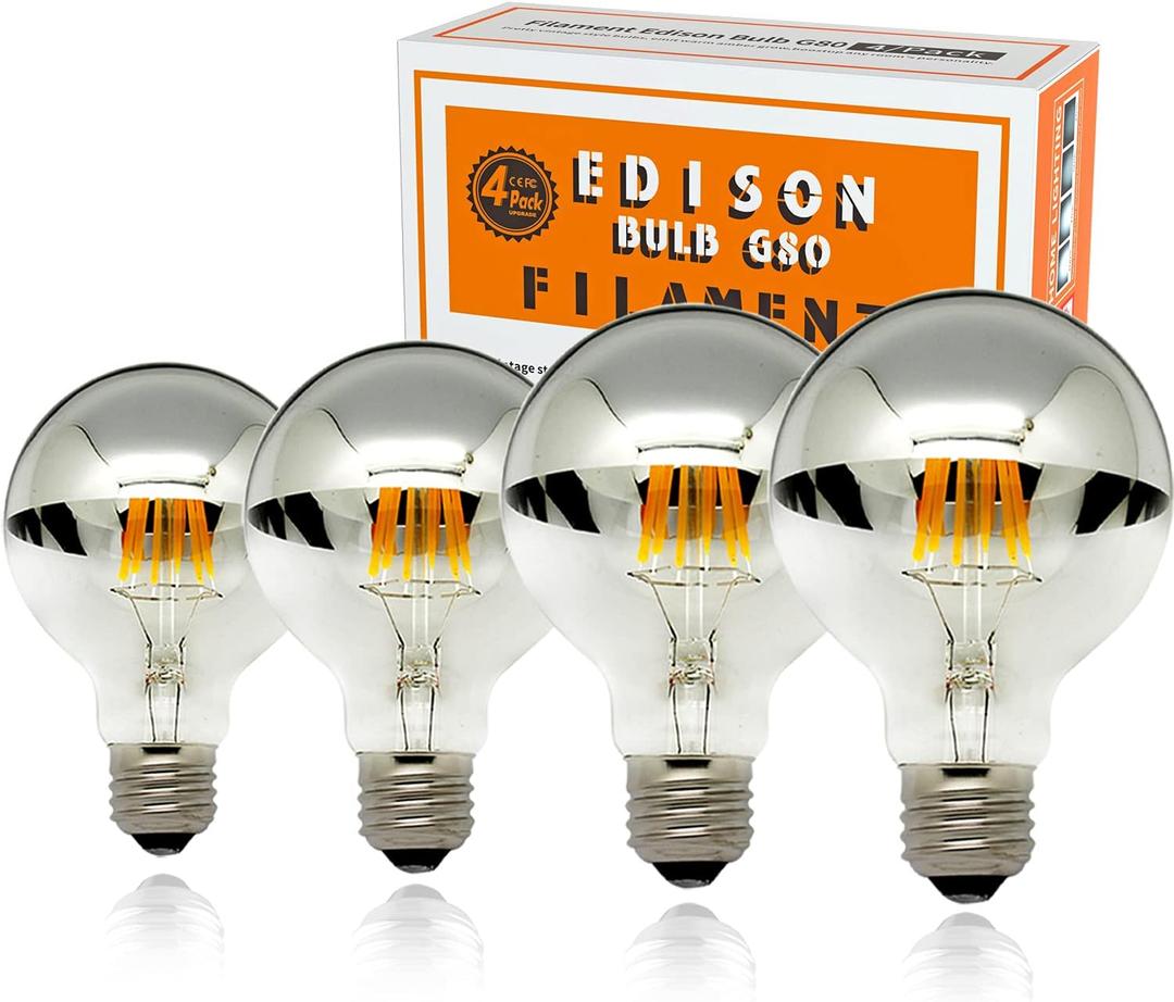 Half Chrome Light Bulb, LED Edison Bulbs 6W(60W Equ),Dimmable G80/G25 Globe Shape, Decorative Half Silver Reflected Bulb,2700K Soft White E26 for Wall Sconce, Vanity, Pack of 4