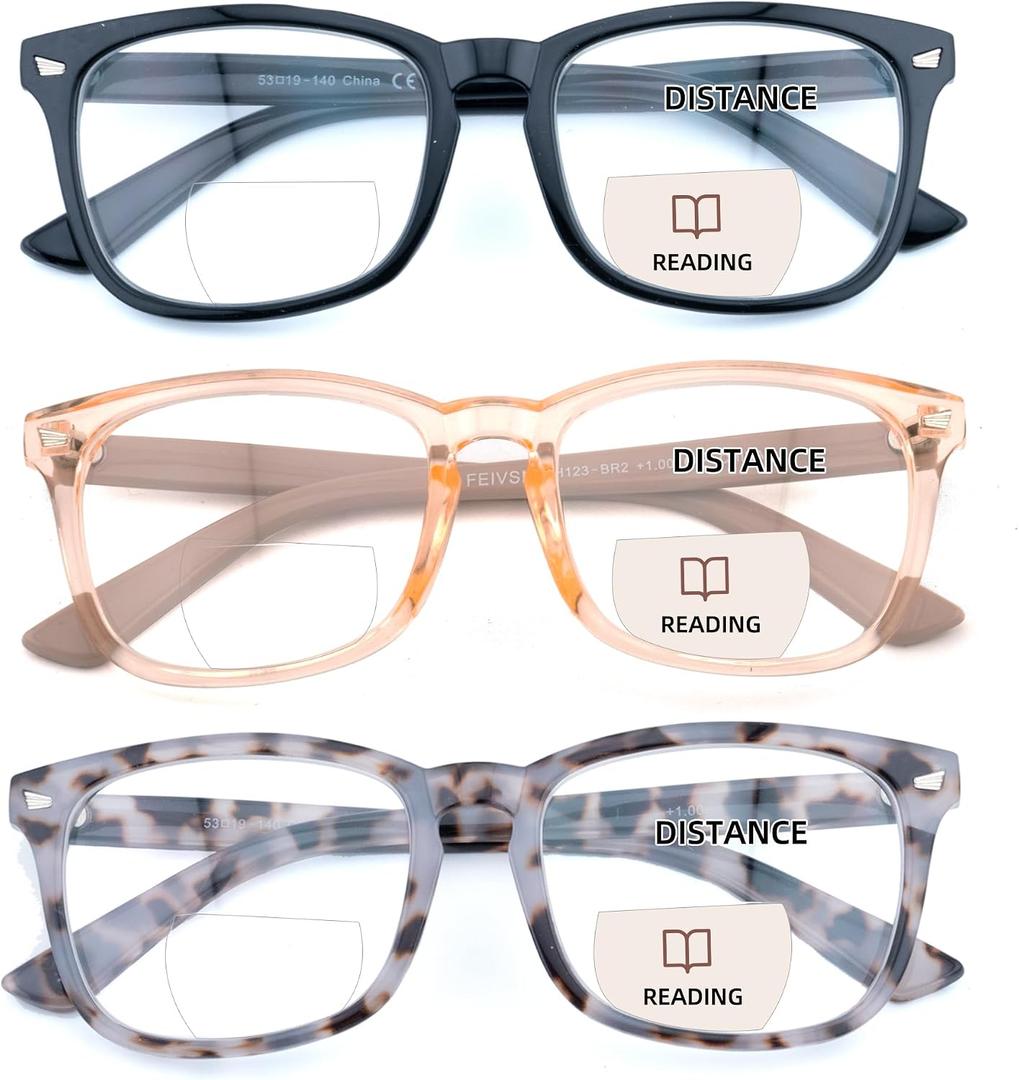3 Pack Bifocal Reading Glasses for Women Men Bi-focal Readers PC Frame Fixed Hinge Dual Focal Clear Top Eyewear, Black + Pretty Pink + Pea Color, +3.00