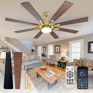 Depuley 72-Inch Ceiling Fan with Light: Farmhouse 8-Blade Walnut and Gold Indoor Outdoor Fans with Remote App Control Dimmable Light - Ultra Quiet DC Motor Reversible 6 Speed Timer