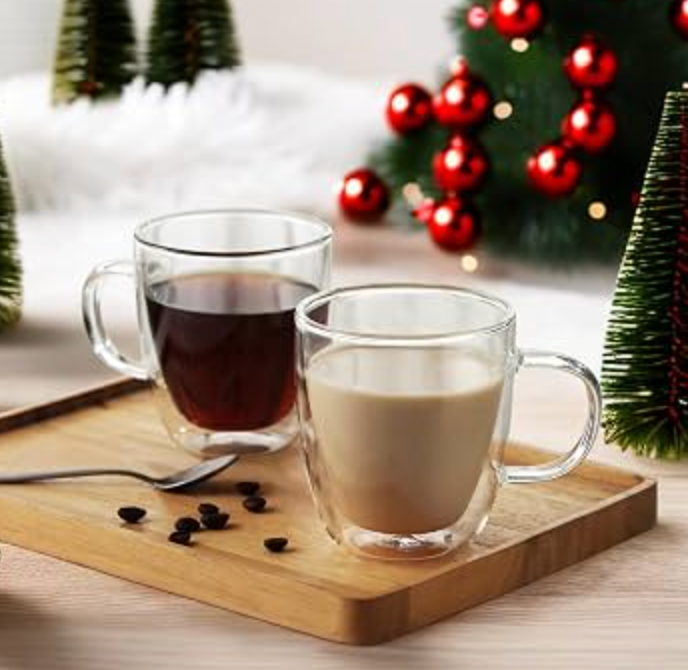 CNGLASS Large Glass Coffee Mugs 17oz,Double Walled Insulated Clear Coffee Cups with Handle,Clear Espresso Mugs for Cappuccino,Latte,Tea Bags,Hot and Cold Beverages,Set of 2