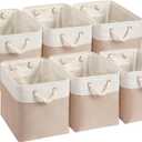 Mangata Canvas Storage Boxes, 9.8 Inch Cube Storage Bins Set of 6 for 10 Inch Cabinets, Fabric Baskets with Cotton Rope Handle for Organizing Clothes Nursery Home (Khaki/White)