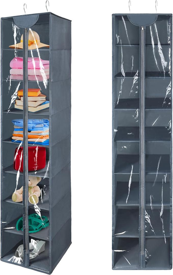 Coastal Rose 8 Tier Clear PVC Hanging Organizer With Zipper, Sweater Storage Shelves With Cover, Shoe Organizer for Closet, Grey