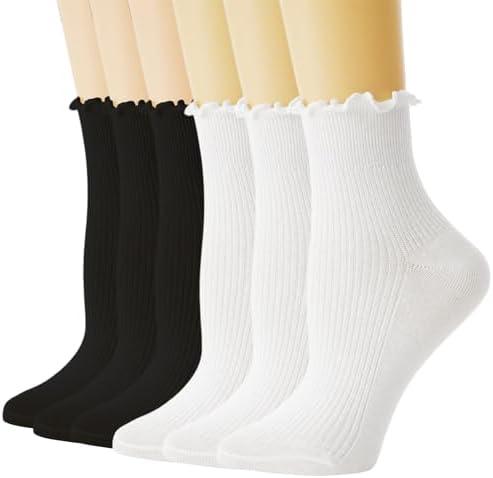 TOAMOUR Womens Ruffle Socks, 12 Pairs White Lettuce Edge Turn-Cuff Cotton Frilly Ankle Crew Boot Socks