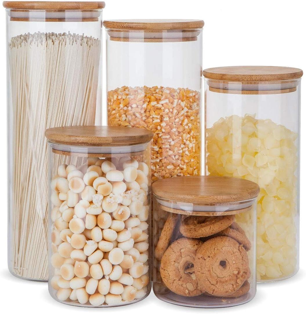 Glass Food Storage Containers Set,Airtight Food Jars with Bamboo Lids - Set of 5 Kitchen Canisters For Sugar,Candy, Cookie, Rice and Spice Jars