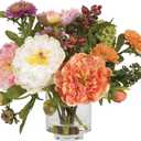 Nearly Natural Mini Artificial Peony Floral Arrangement, Faux Flowers for Table Shelf Decor, Assorted Colors