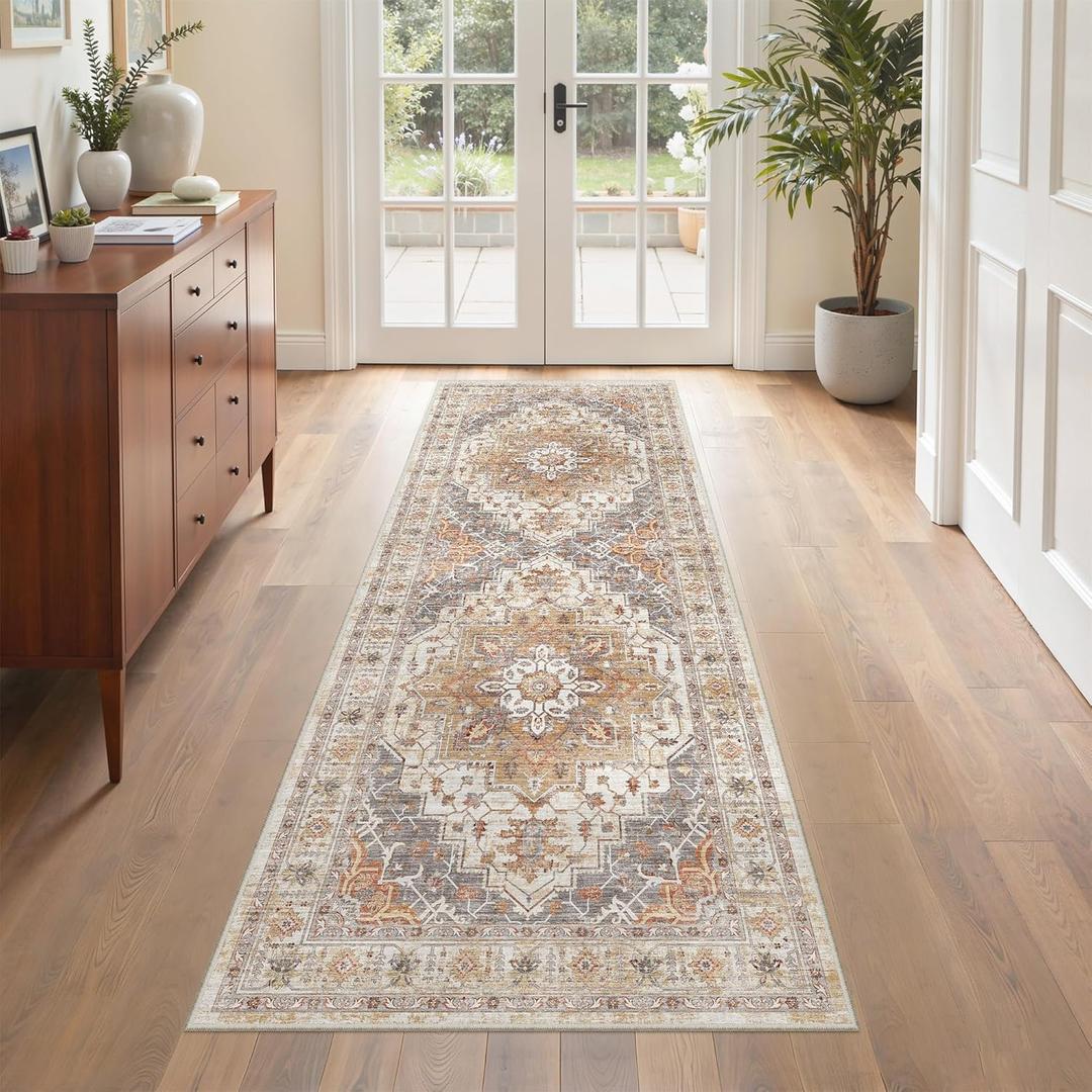Washable Runner Rug 2x6 Hallway Runner Rug Ultra-Thin Kitchen Rug Non Slip Indoor Floor Foldable Carpet with Low Pile for Entryway Bathroom Laundry Room Living Room(Turmeric/Grey,2'x6')