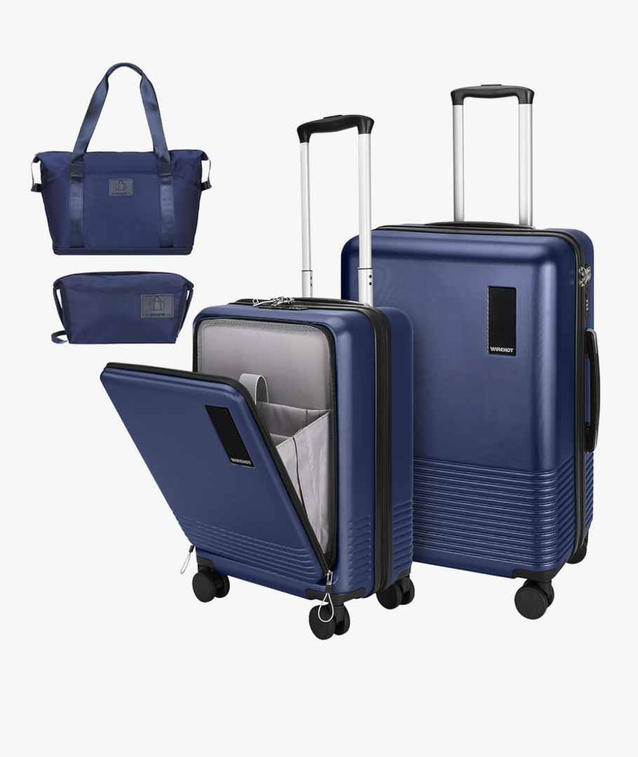 2 Piece Luggage Sets with Spinner Wheels Front Open Pocket, ABS+PC Suitcase with TSA Lock & YKK Zipper, Carry On 20/24 inch Medium +Toiletry Bag+Handbag, Deep Dark Navy Blue