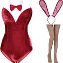 Anime Womens Bunny Girl Costume One Piece Bodysuit Halloween Cosplay Catsuit Bunny Headband Stockings Set 3XL