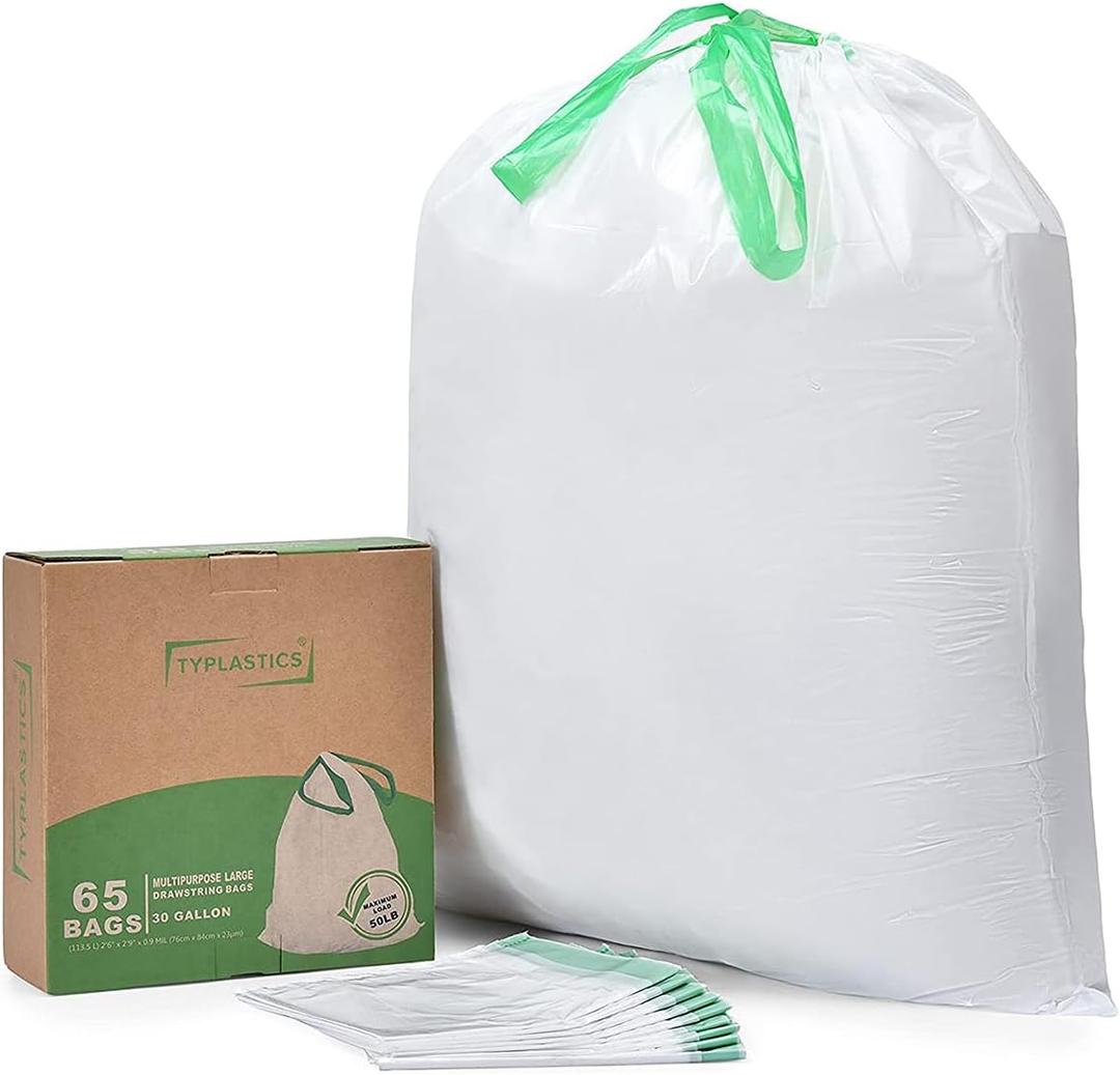 TYPLASTICS Drawstring Trash Bags, 30 Gallon Multipurpose Heavy Duty Garbage Bags, 65 Count (White)