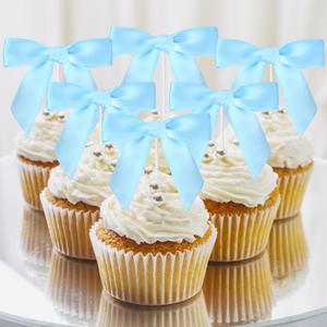 JarThenaAMCS 30Pcs Bow Cupcake Toppers Pre-Tied Blue Satin Ribbon Bow Cupcake Picks Coquette Cake Decorations for Birthday Baby Shower Wedding Party Supplies