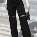 LONGBIDA Womens High Waist Ripped Straight Wide Leg Baggy Jeans Y2k Boyfriend Distressed Loose Denim Pants (Black, L)