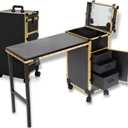 Rolling Manicure Table with 3 Drawers, Portable Nail Desk for Nail Tech, Foldable Nail Table Lockable Makeup Case with Mirror, Nail Polish Organizer, Mobile Nail Tech Workstation with Wheels