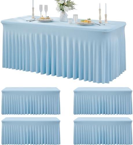 3 Pack Spandex Baby Blue Tablecloths for 6 Foot Rectangle Tables, Wrinkle Free Fitted Table Cloth 6ft Stretchy Tablecover Skirt for Parties Weddings Birthday Banquet Baby Shower