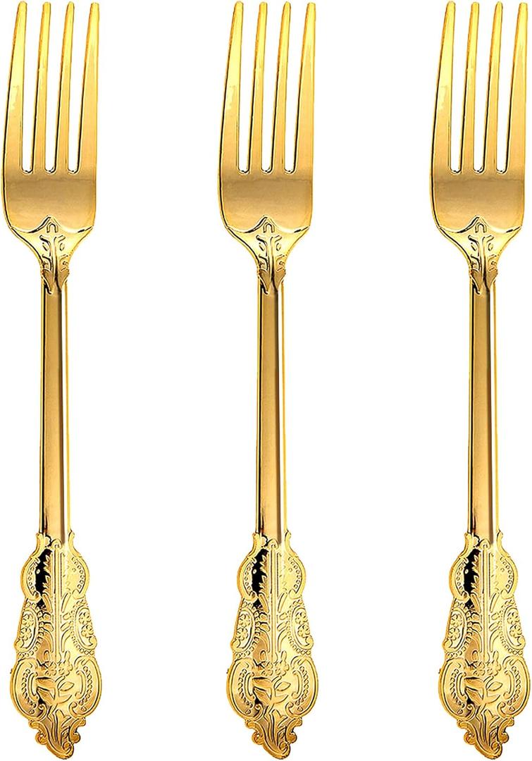 N9R 100PCS Gold Plastic Forks, 7.48inch Disposable Gold Plastic Silverware, Heavy Duty Plastic Forks for Parties, Weddings and Events