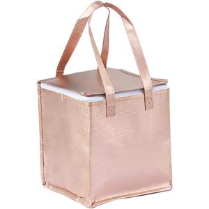 10.2×10.2×12.6" Reusable Insulated Zipper Aluminum Foil Tote Bag Suit for Picnic Cake FruitDrink Refrigeration Also for Delivery of Takeaway Thermal Pizza Insulated Delivery (Laser Rose Gold)