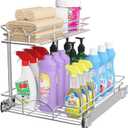 OCG Under Sink Cabinet Organizer Two Tier Pull Out Shelf (14.75W x 17D), Under Sink Sliding Shelf for Kitchen Bathroom Cabinet 2 Tier Chrome