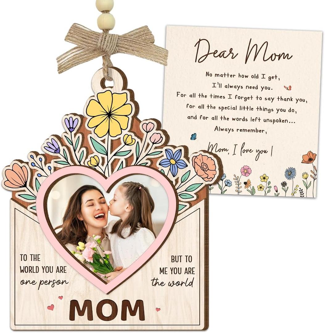2 x Mom Picture Frame Gifts from Daughter Son – Wooden Photo Frame Ornament with Sentimental Card, Car Photo Holder Decoration – Mother’s Day & Birthday Gifts for Mom, Bonus Step Mama