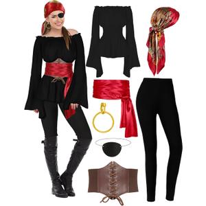 CICOCI Pirate Costume For Women With Accessories Renaissance Blouse Top Belt Headscarf Full Outfits Halloween Costume (Medium, Black)