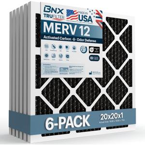 BNX TruFilter 20x20x1 MERV 12 Odor Defense (6-Pack) AC Furnace Air Filter with Activated Carbon - MADE IN USA - Pleated Air Conditioner HVAC AC Furnace Filters - Removes Odor, Mold, Bacteria, Smoke