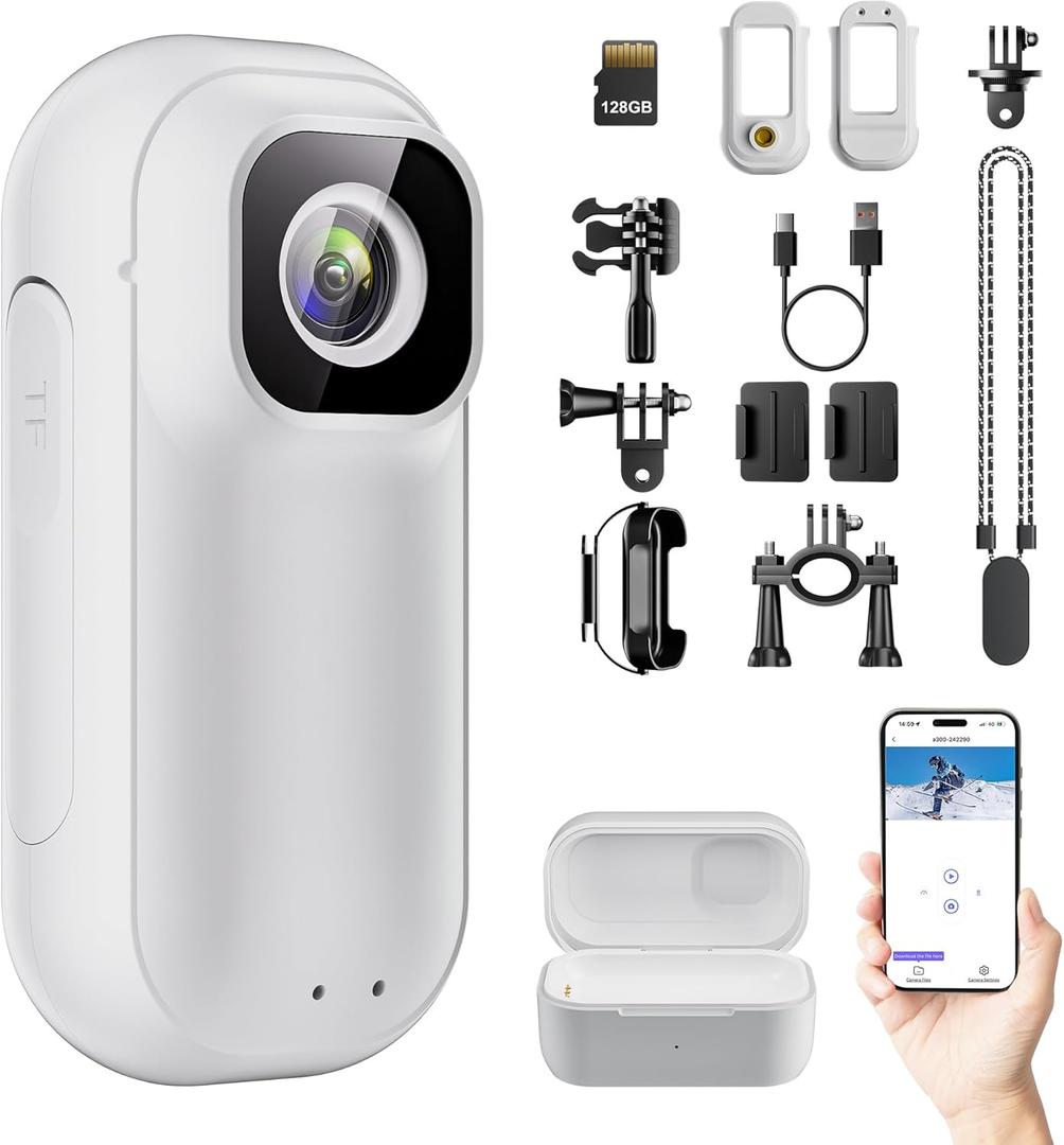 128GB Mini Body Camera with Audio & Video Recording-2K WiFi Action Camera with Charging Case, Thumb-Sized Wearable POV Cam, Stabilization, Magnetic Lanyard, Sports Cam for Work Travel Pet Walk Cycling