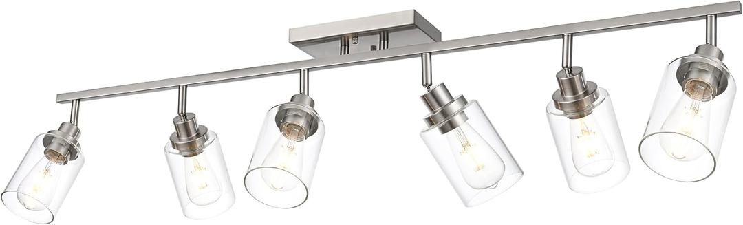 MELUCEE 6-Light Track Lighting Kit Brushed Nickel Semi Flush Mount Ceiling Light Fixture with 6 Rotatable Light Heads, Industrial Accent Lighting for Foyer Art Wall Kitchen, Clear Glass Shade, 45.3in