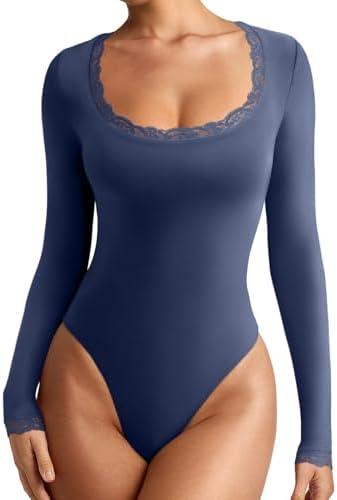 REORIA Women's Sexy Lace Scoop Neck Long Sleeve Double Lined Layering Slim Bodysuit Tops. Size S