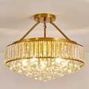 YYJLX 6-Light Modern Large Crystal Chandelier Gold Metal E26 Semi Flush Mount Round Ceiling Light Fixture Ceiling Lamp Farmhouse for Dining Room Living Room Laundry Room Foyer Kitchen Bedroom