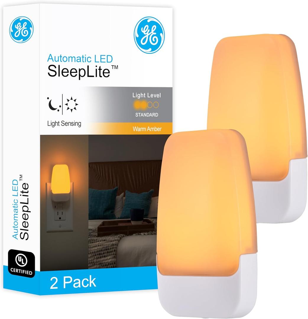 GE Sleeplite Night Lights Plug Into Wall, Dusk to Dawn Sensor, Ambient Lighting, Sleep Aid, Bathroom Dcor, LED Lights for Bedroom, Apartment Essentials, Smart Home,76135, Amber, 2 Pack