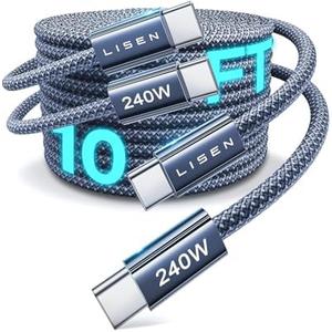 LISEN 240W Type C Charger Fast Charging Cable [10ft, 1-Pack] Long USB C Cable Fast Charging Cords 10 Foot C to C Cable Fast Charging Computer Security Cables for iPhone 17/16 Series, MacBook Pro Air