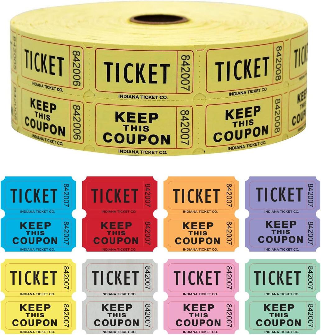 INDIANA TICKET CO. 1000 Count Double Roll Raffle Tickets (Yellow) -Tickets for Fundraisers, Carnivals, Door Prizes, 50/50 Drawings, Food & Drink, Events, Classroom Rewards -1 of 8 Colors - Made in USA