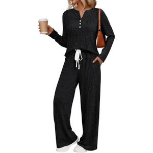 LILLUSORY Womens 2 Piece Lounge Sets Matching Airport Travel Outfits 2026 Spring Clothing Fall Pajamas Sweat Suits Pockets (Small, Black)