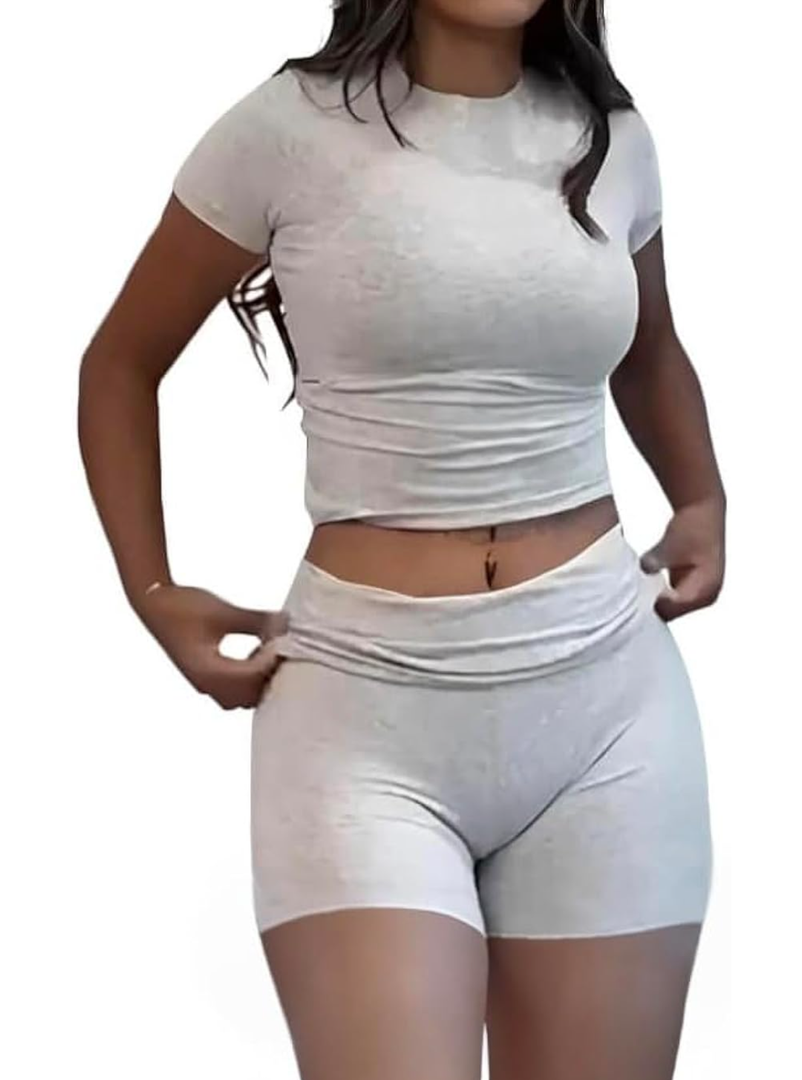 AYWA Women's Two Piece Sets Summer Slim Fitted Short Sleeve Tops Foldover Shorts Matching Lounge Sets Xl