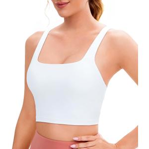 Smooth Feeling Square Neck Longline Sports Bra Open Back Strappy Workout Crop Tank Tops for Women Yoga Athletic (Medium, White)
