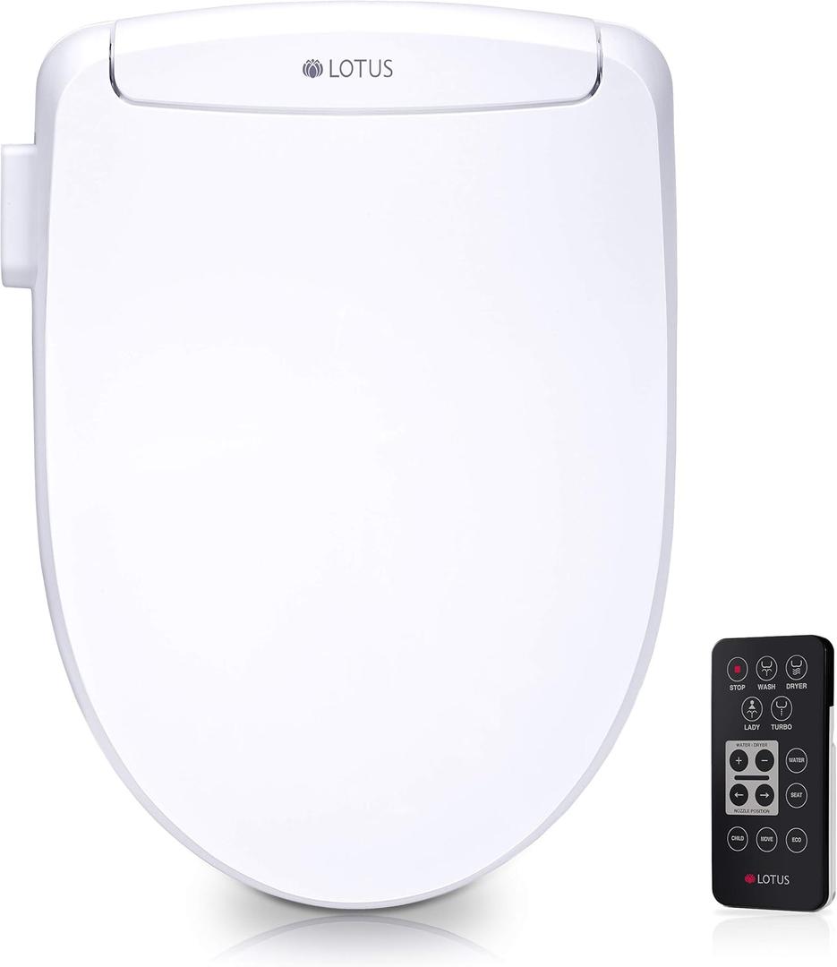 Lotus Bidet ATS-500 Remote Elongated | Wireless Remote Control, Heated Toilet Seat with Adjustable Warm Water Wash, Stainless Steel Nozzle, Warm Air Dryer, Eco Mode, Easy DIY Installation (White)