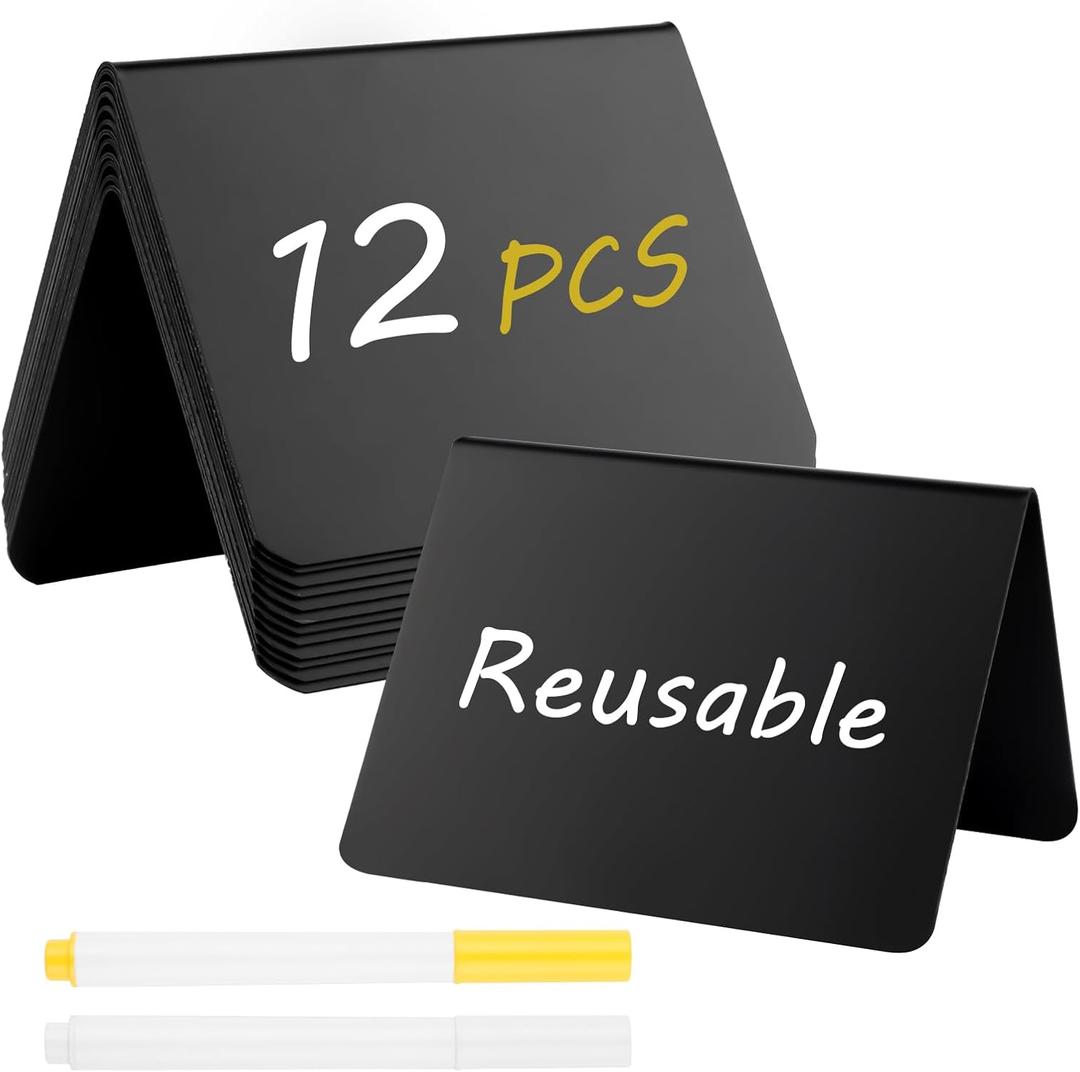 12 Pcs Mini Chalkboard Signs, 4"x3" Reusable PVC Food Labels for Party Buffet, Small Table Place Cards, Durable Chalk Board Signs for Tables, Birthday, Weddings, Bakery, Event Decoration (V Shape)
