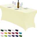 CWK 6FT Waterproof Stretch Spandex Table Cover for Rectangular Tables - Elastic Fitted Tablecloth for Folding Tables,Wrinkle Resistant Table Cloth for Parties, Weddings, Banquets & Events (Beige)