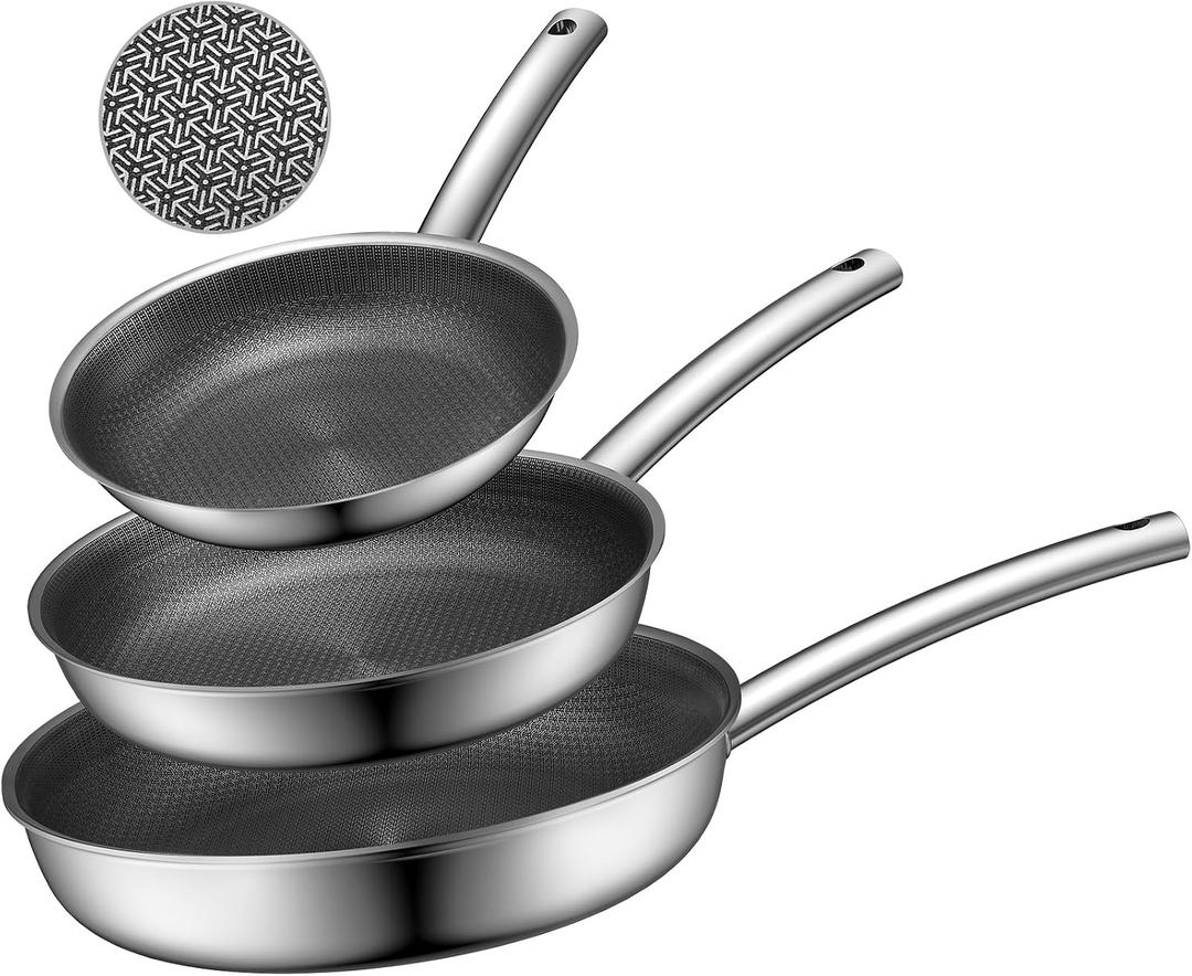 Non Stick Frying Pans Set, Tri-Ply Fully Clad Stainless Steel Skillets, 20cm+24cm+28cm