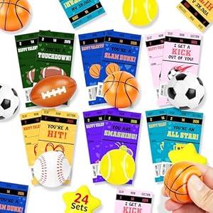 ZUZIMIRA Sport Stress Balls Valentines Day Cards Gifts for Boys Girls Classroom Exchange, 24 Packs Valentines Day Sports Balls with Cards for Kids School Party Favor